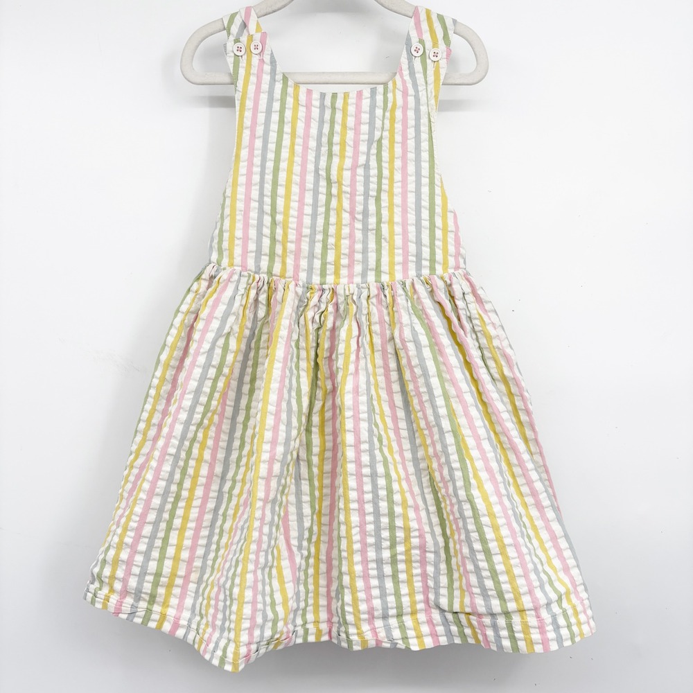 Mini Boden Girls Pastel Rainbow Stripe Seersucker Preppy Pinafore Dress 4-5Y